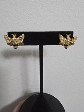 Gold Bee Pearl Accent Stud Earrings